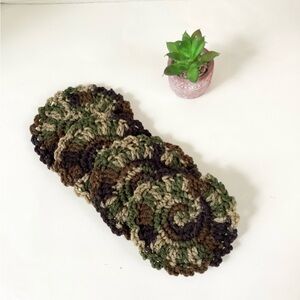Coasters Hand Crafted Camo Crochet Brown Green Earthtone